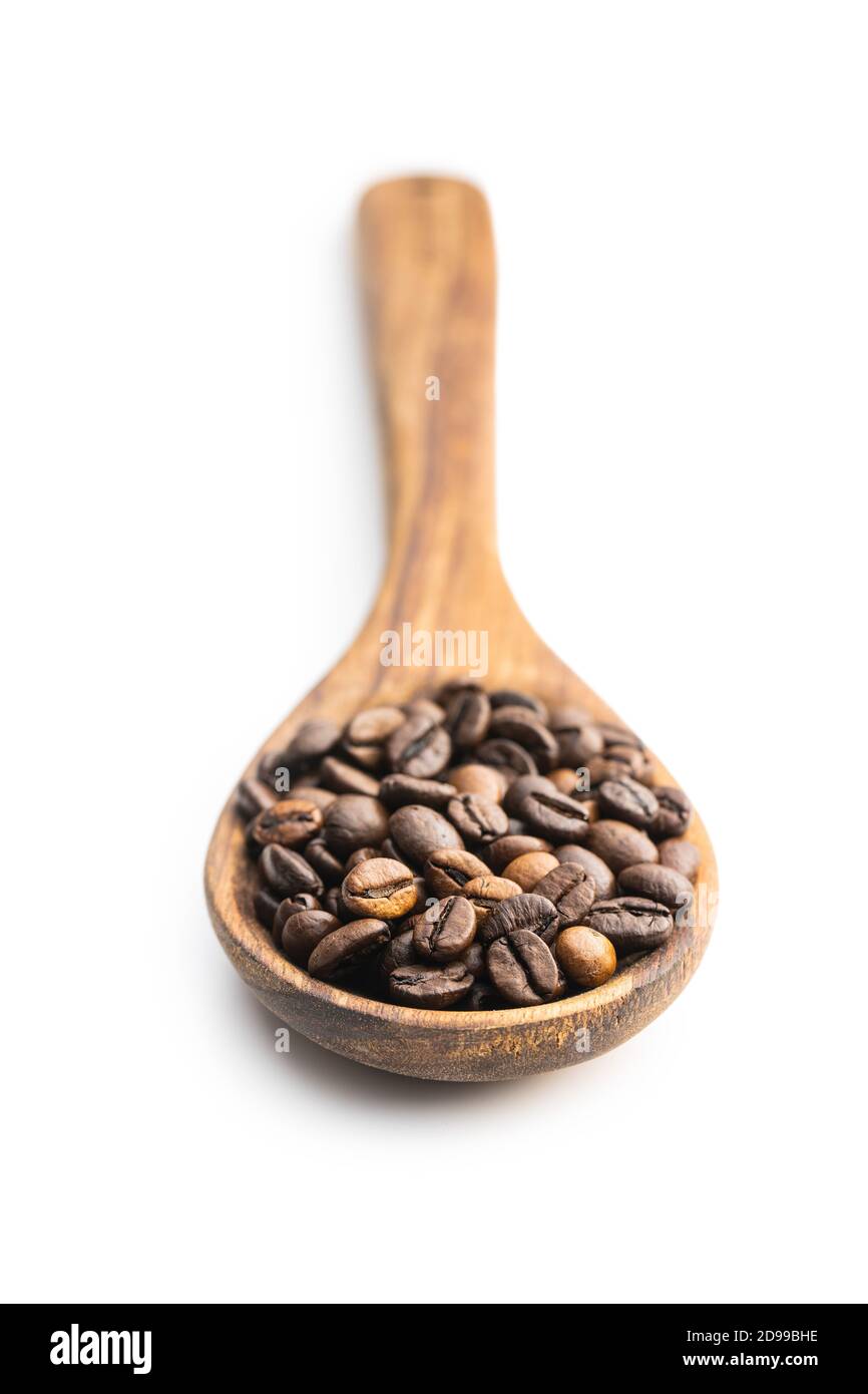 Roasted Coffee Beans On Wooden Spoon Isolated On White Background Stock ...