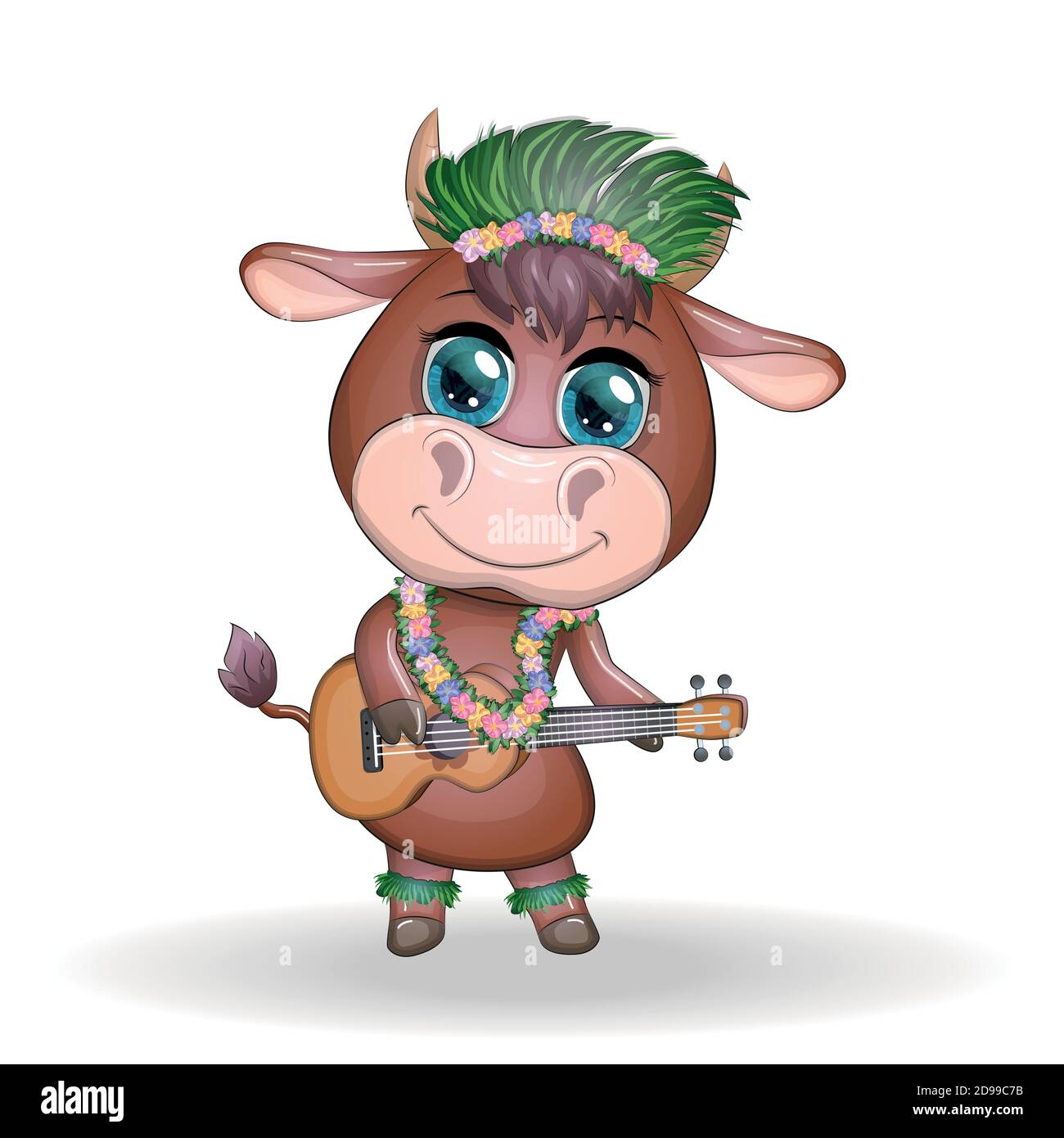Cute cartoon bull, cow with beautiful eyes, Hawaiian hula dancer character  with ukulele guitar among leaves, flowers. Chinese new year cute bull Stock  Vector Image & Art - Alamy