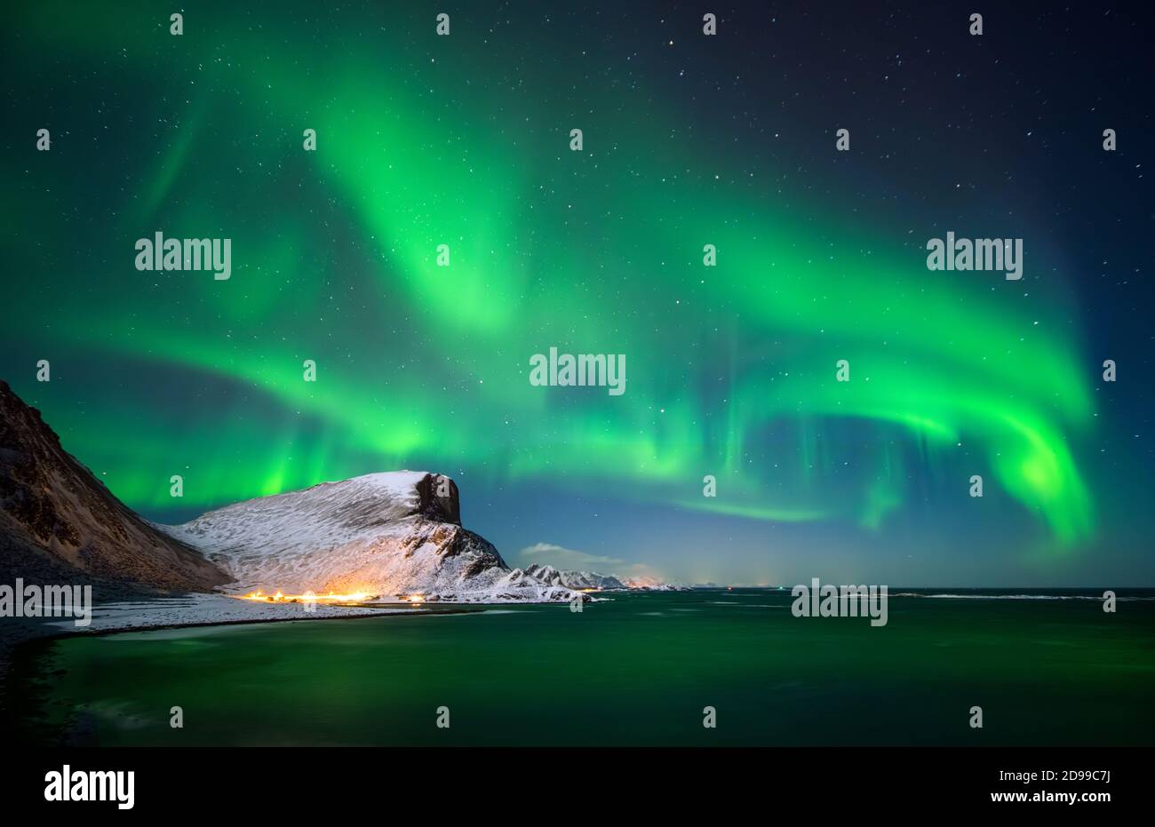 Aurora borealis above Nordlandsnupen mountain, Lofoten Vaeroy, Norway Stock Photo