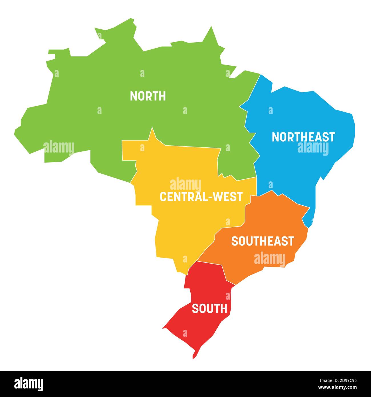 Colorful political map of Brazil. States divide by color into 5 regions . Simple flat vector map with labels. Stock Vector