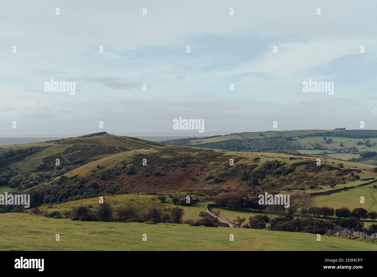 Scenic view of Crook Peak and Mendip Hills, Somerset, UK, on a sunny autumn day. Stock Photo