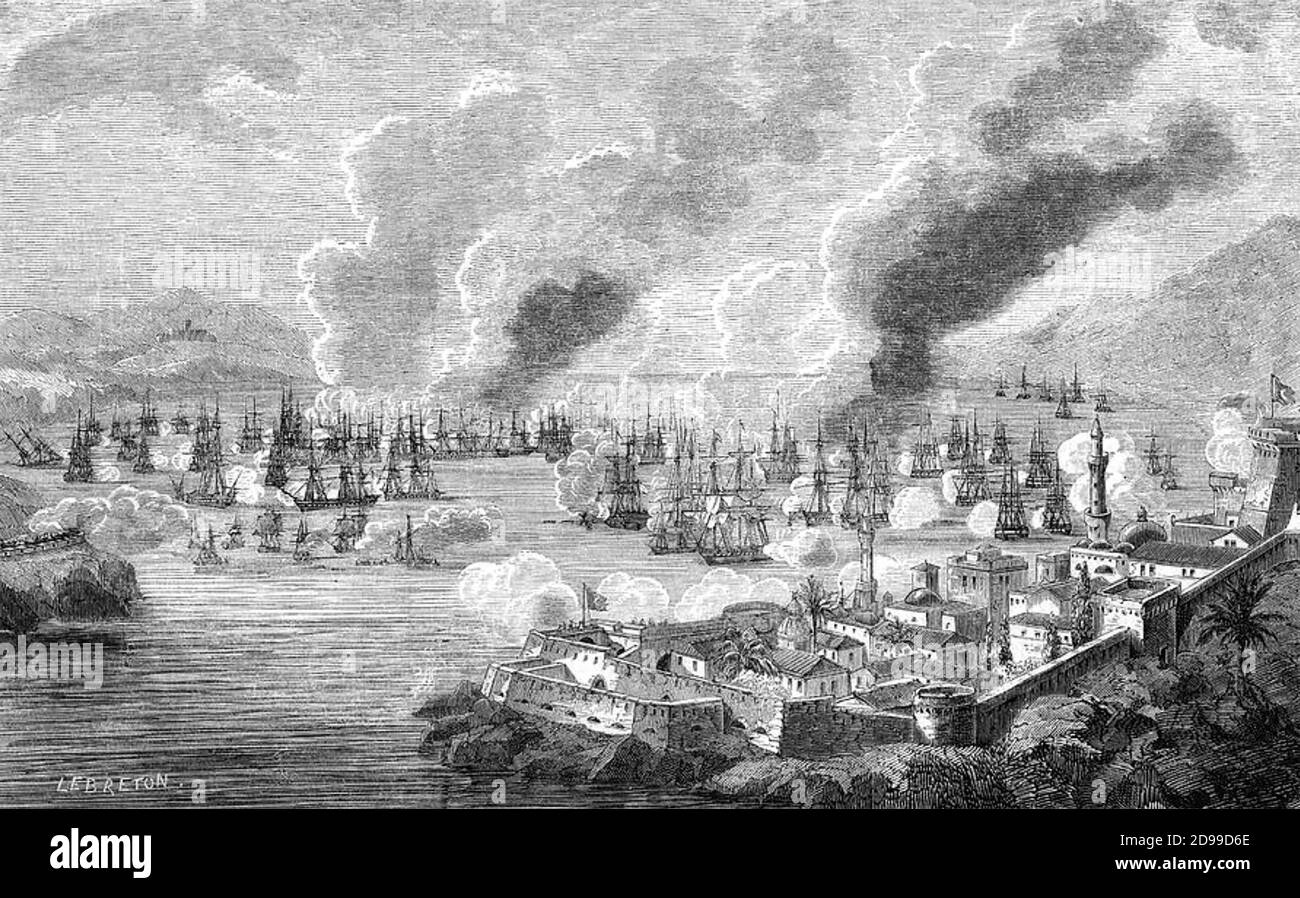 BATTLE OF NAVARINO 20 October 1827 during the Greek War of Independence in Navarino Bay (modern Pylos) off the west coast of the Peloponnese peninsula. Allied forces defeated a combined Ottoman and Egyptian fleet. Stock Photo