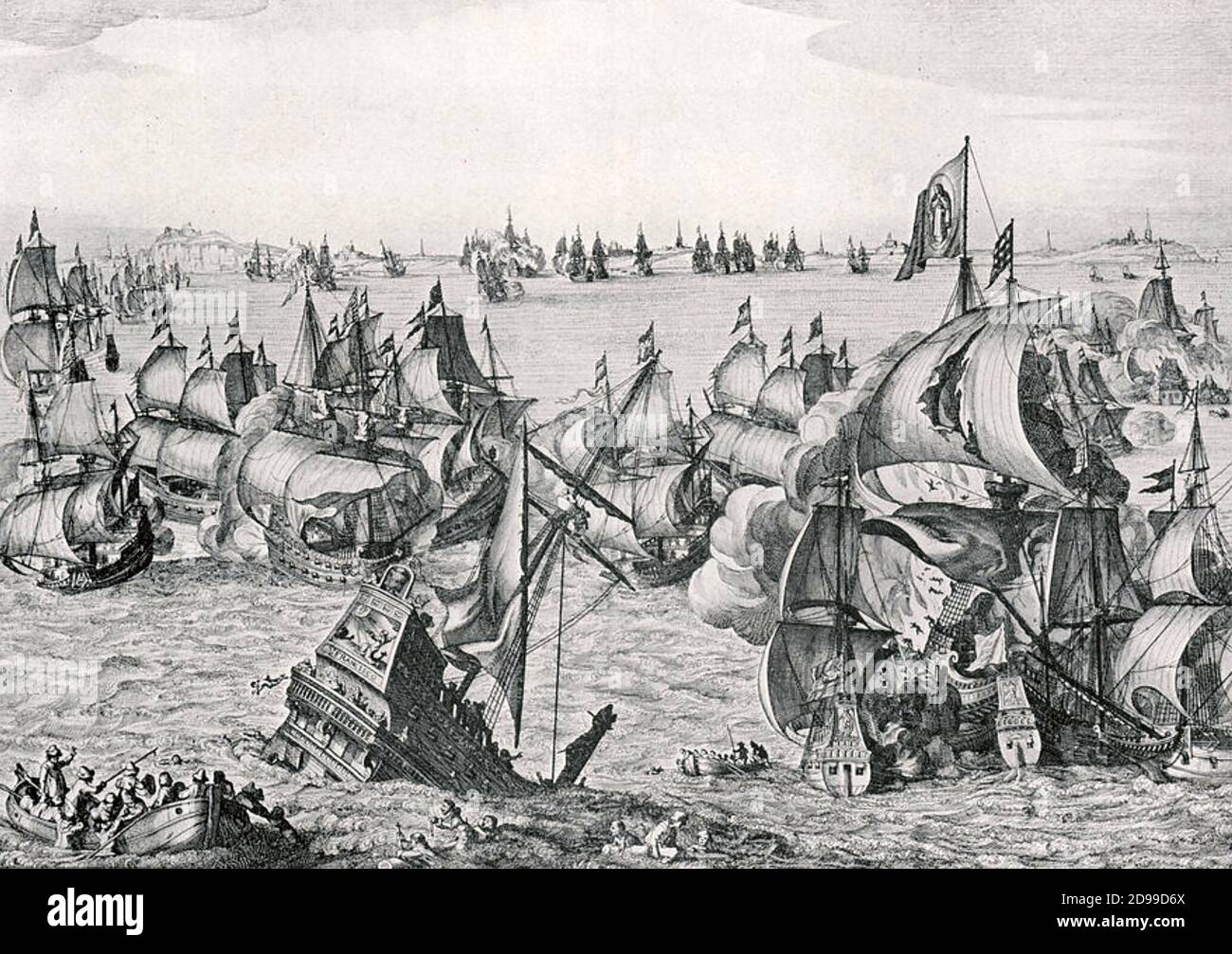 BATTLE OF THE DOWNS 21 October 1639. The United Provinces of the Netherlands' navy destroys a Spanish fleet Stock Photo