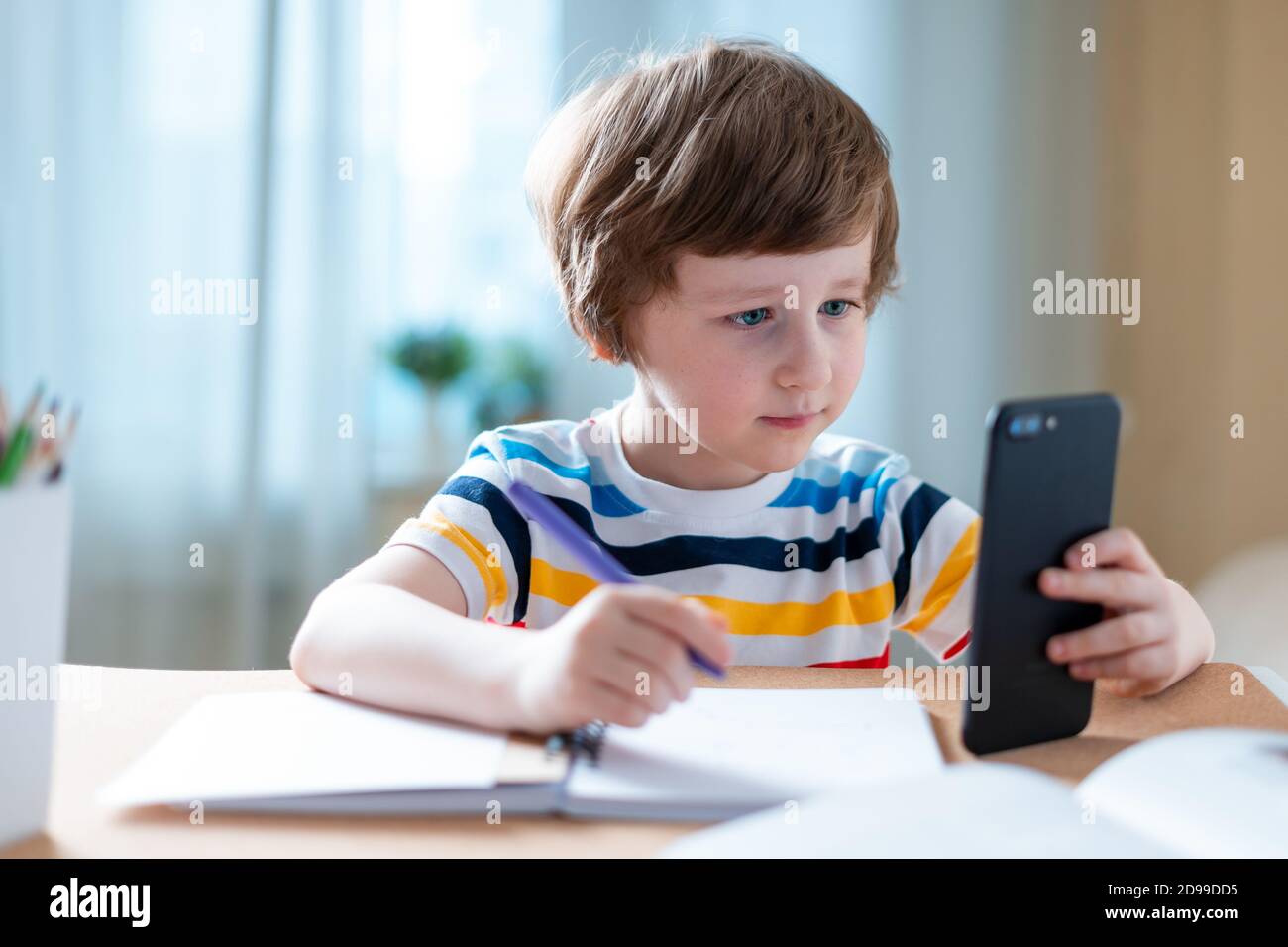 Back to school. Distance learning online education. Caucasian smile kid ...