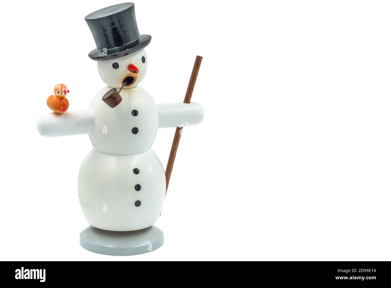 Original carved wooden Snow man Christmas Smoking man figurine cut out on a white background Stock Photo