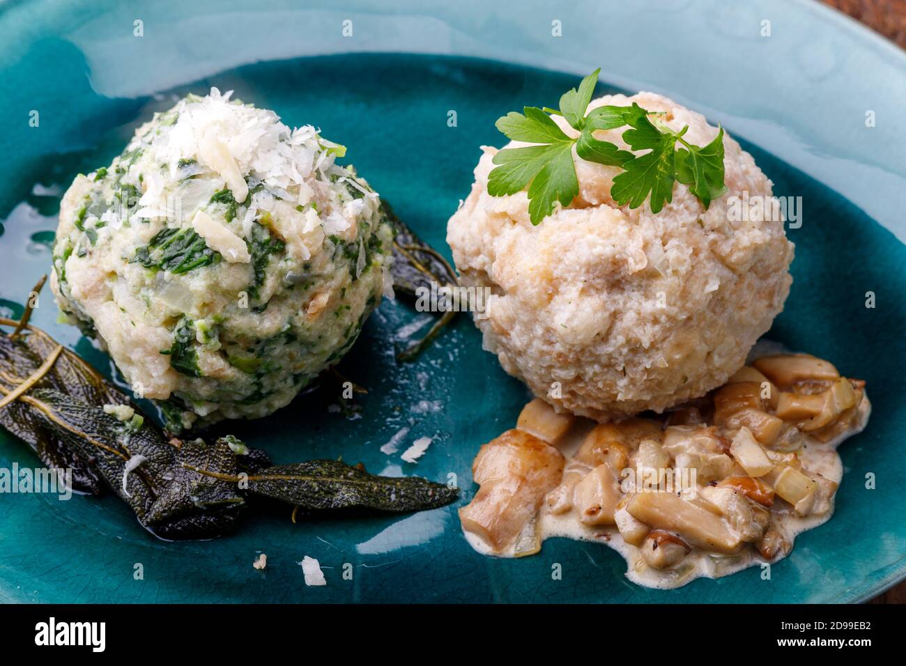 mixed bavarian dumplings on wood Stock Photo