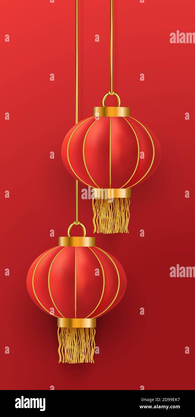 Chinese New Year. Hanging Asian red traditional realistic 3d lantern on ...