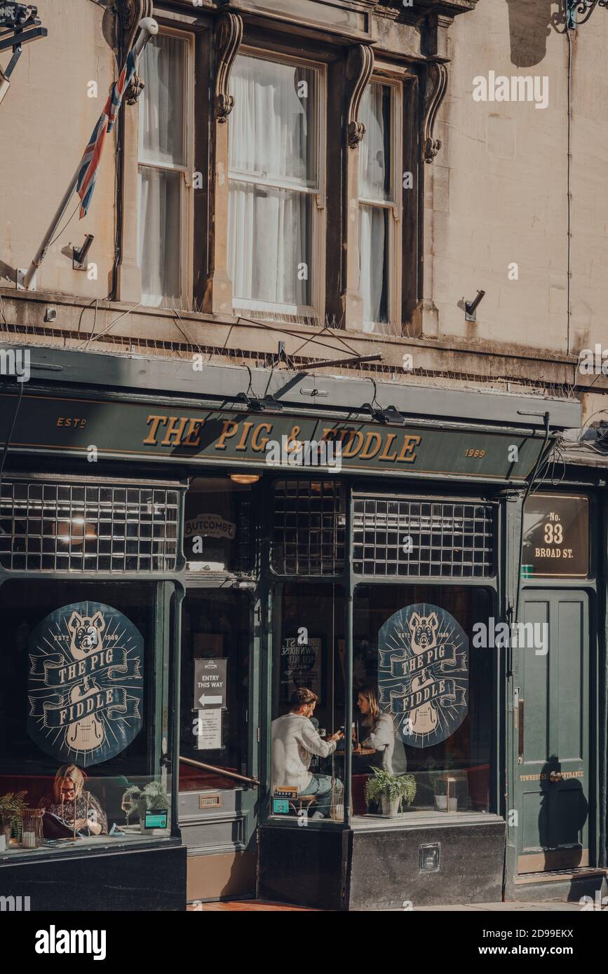 Bath, UK - October 04, 2020: Exterior of The Pig & Fiddle English pub in Bath, the largest city in the county of Somerset known for and named after it Stock Photo