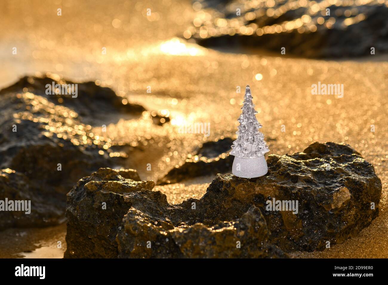 Timber wooden Christmas tree on a sand on the tropical beach near ocean, summer Christmas and winter holyday concept Stock Photo