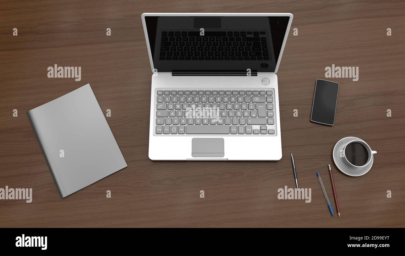 Top view 3D Rendering: Laptop, phone, notebook, pen&pencils and a cup ...