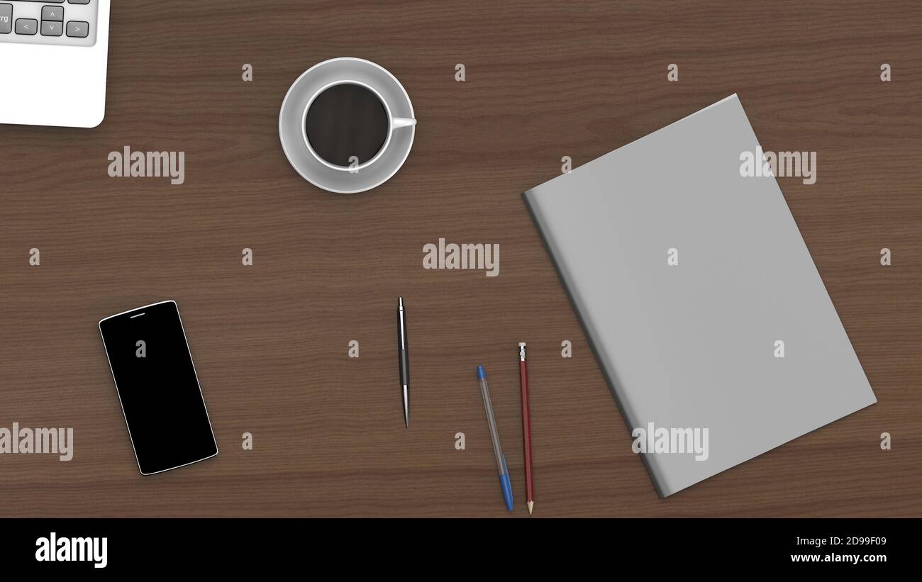 Top view 3D Rendering: Phone, notebook, pen&pencils and a cup of coffee, mockup template, on an office table Stock Photo