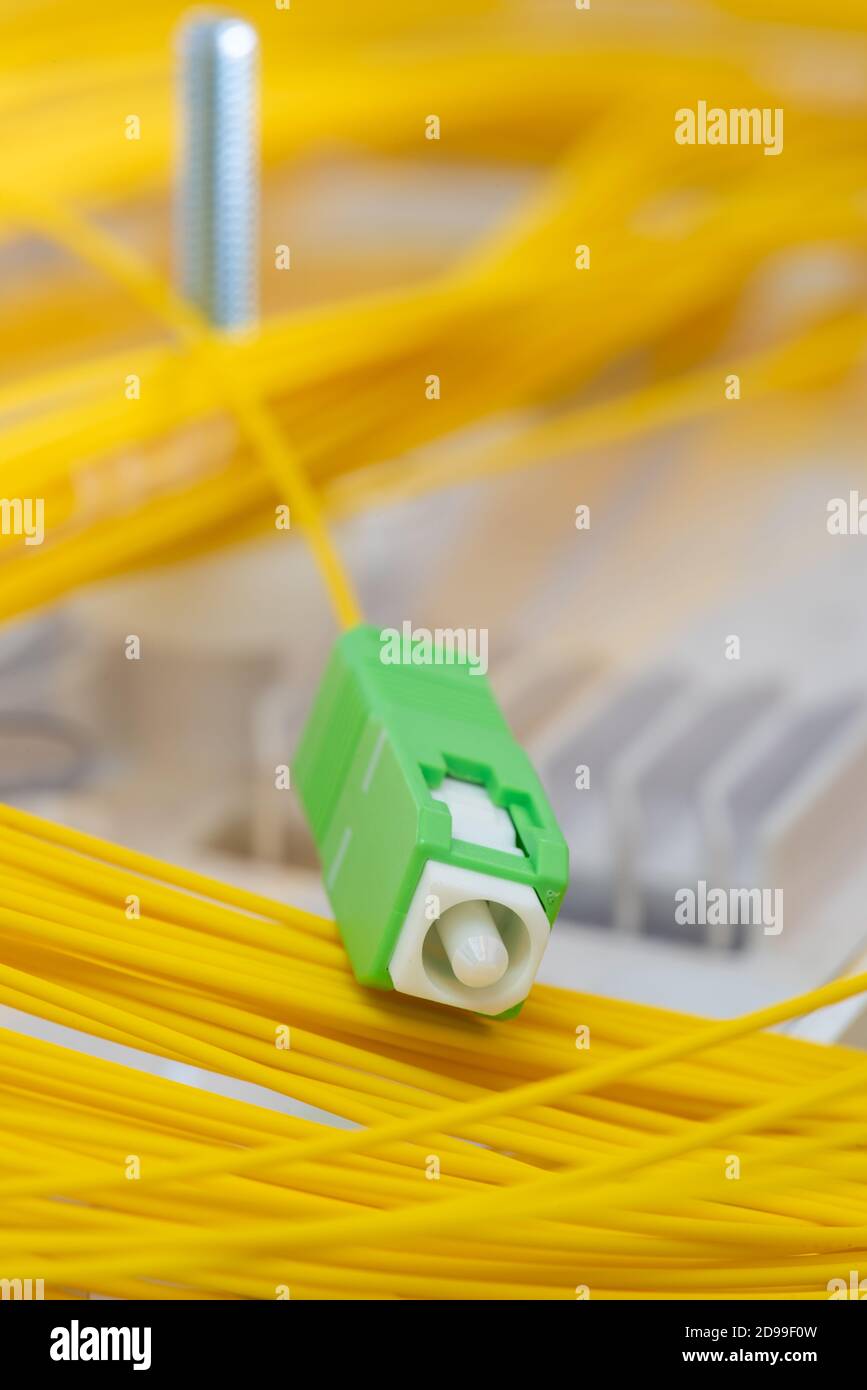 Fiber Optical Network with Single Pigtail Closeup Stock Photo