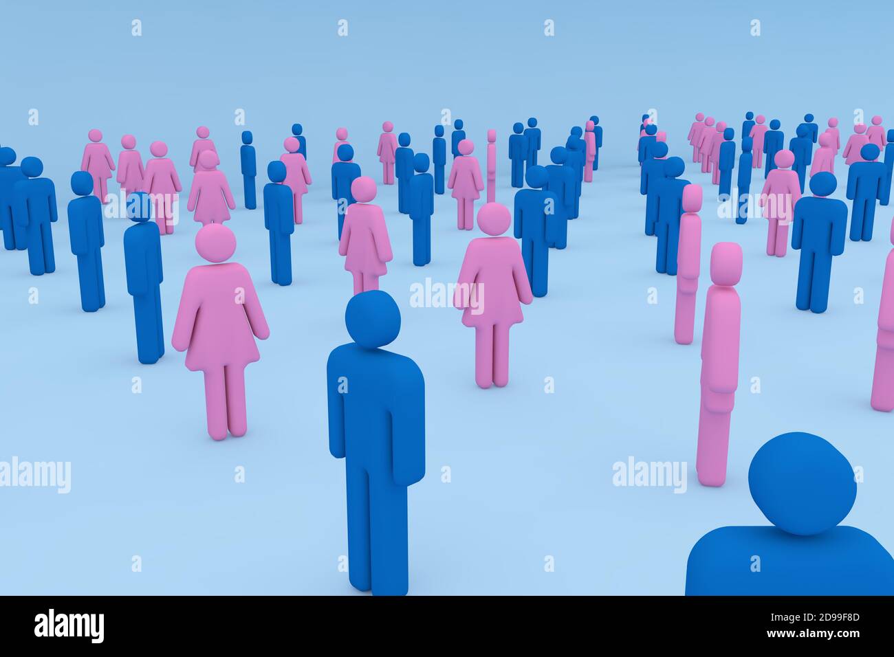 3D Render: Female and male representation of a crowd, standing at a safe distance, from above view, from each other due to the Coronavirus Pandemic. Stock Photo