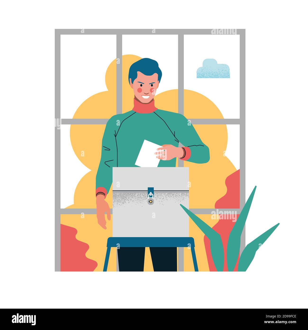Elector - a man voting in the elections, putting a ballot in the ballot box, minimalistic flat illustration, window, trees, cloud, isolated on white, Stock Vector