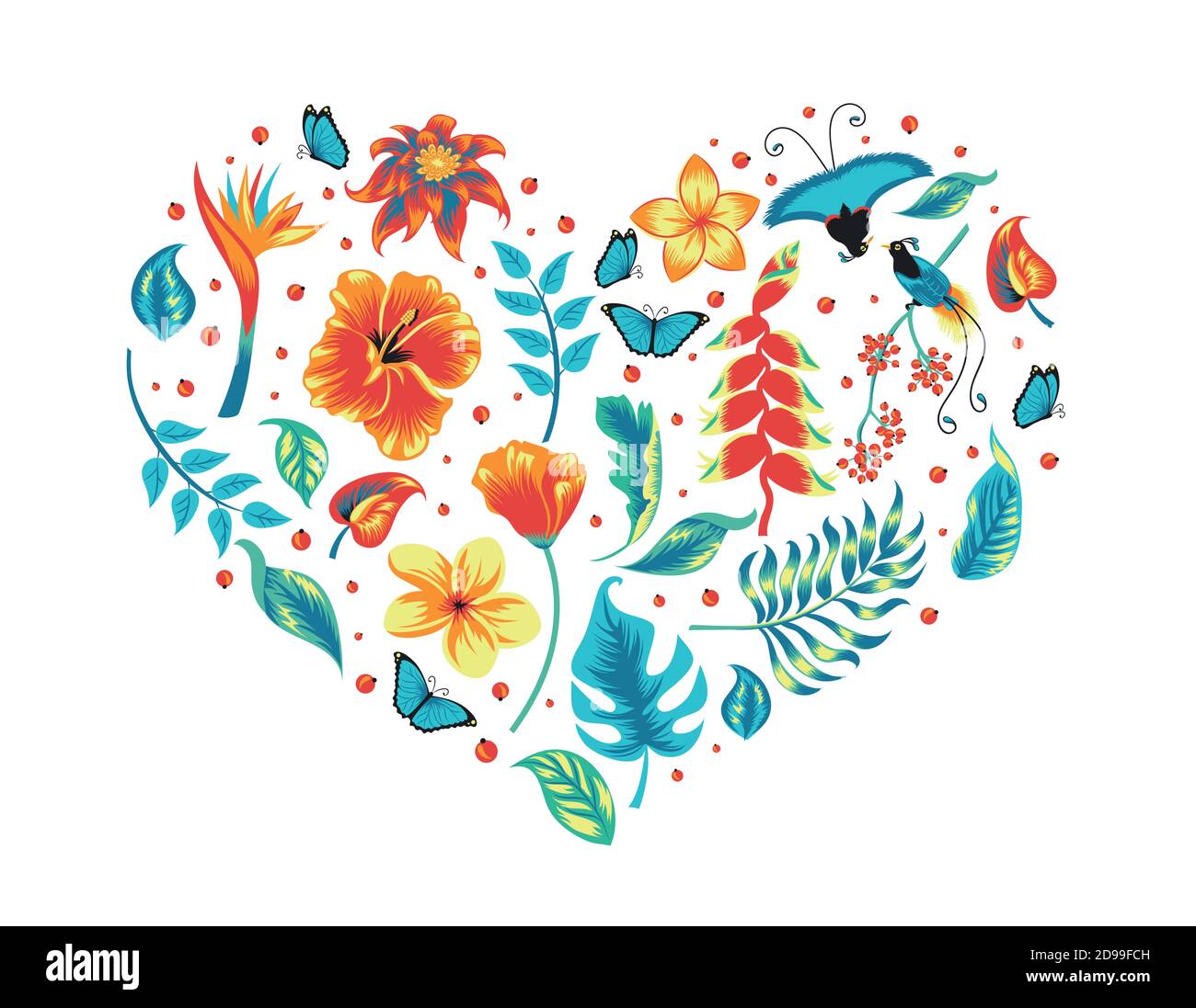 Heart with tropical leaves, flowers and bird Stock Vector Image & Art ...