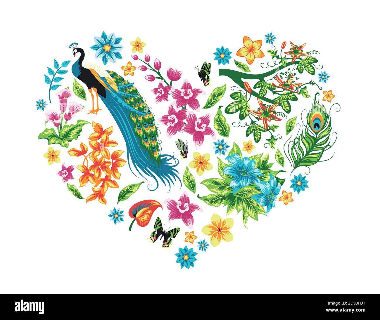 Heart with tropical leaves, flowers and a bird Stock Vector Image & Art ...