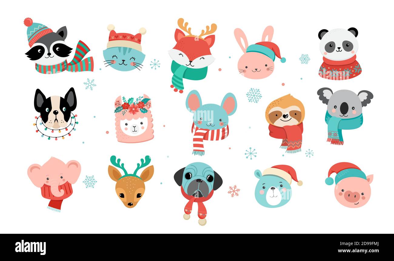 Cute Christmas safari animals. Sloth, llama, bunny, polar bear. Merry Christmas baby animals wearing warm clothes, sweater, scarf and hats  Stock Vector