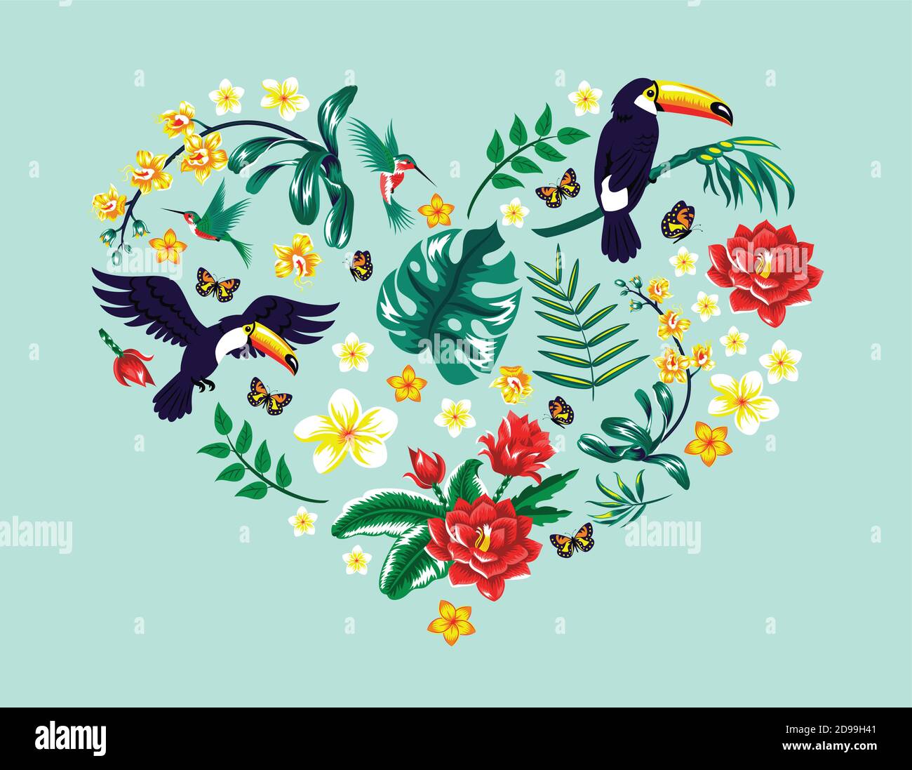 Heart with tropical leaves, flowers and a bird Stock Vector Image & Art ...