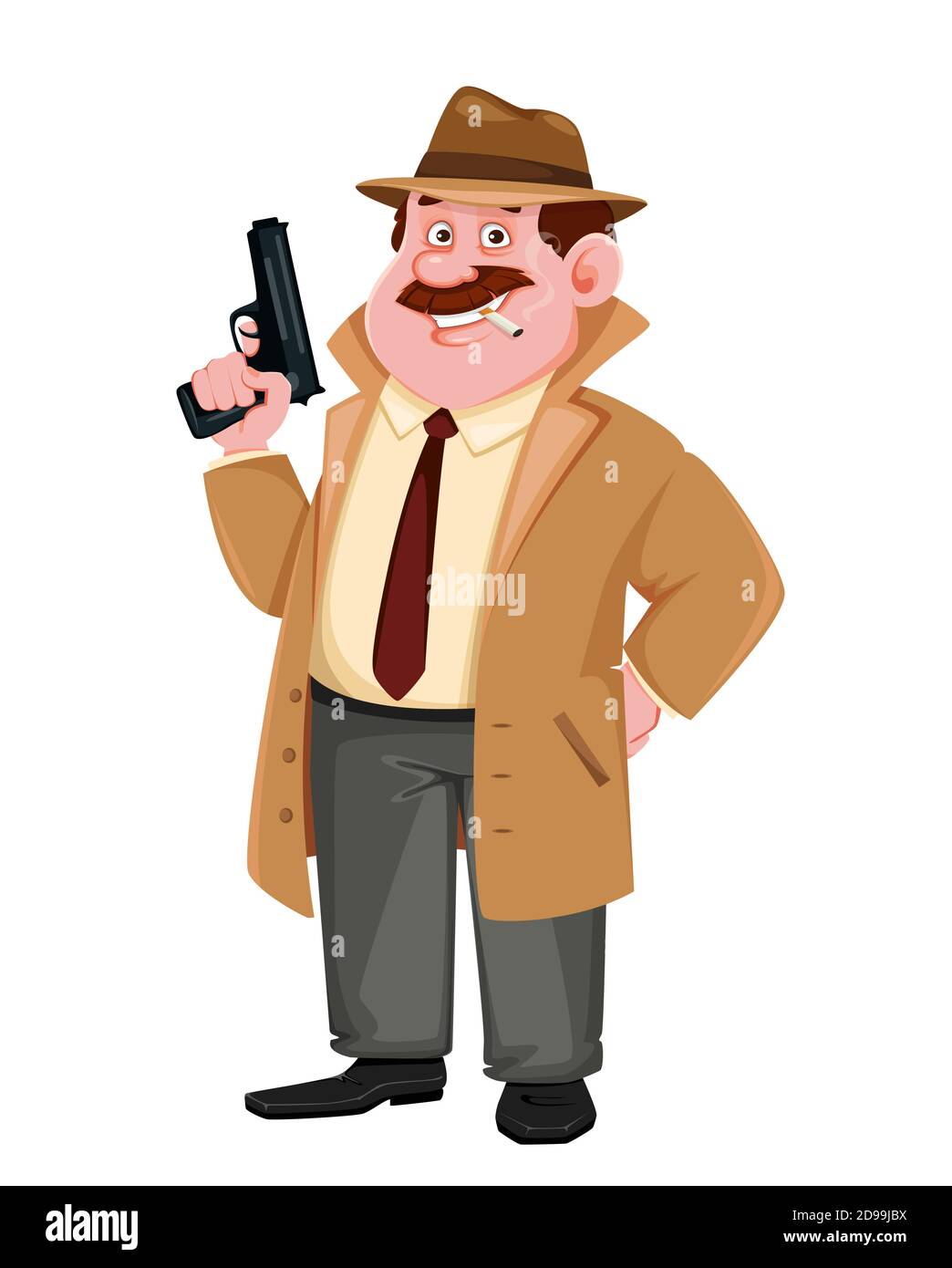 Stock vector detective character holding a gun. Investigator cartoon character. Vector illustration. Stock Vector