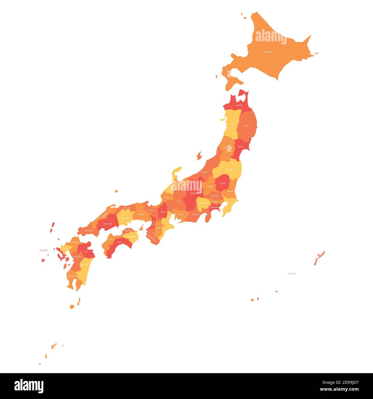 Orange political map of Japan. Administrative divisions - prefectures. Simple flat vector map with labels. Stock Vector