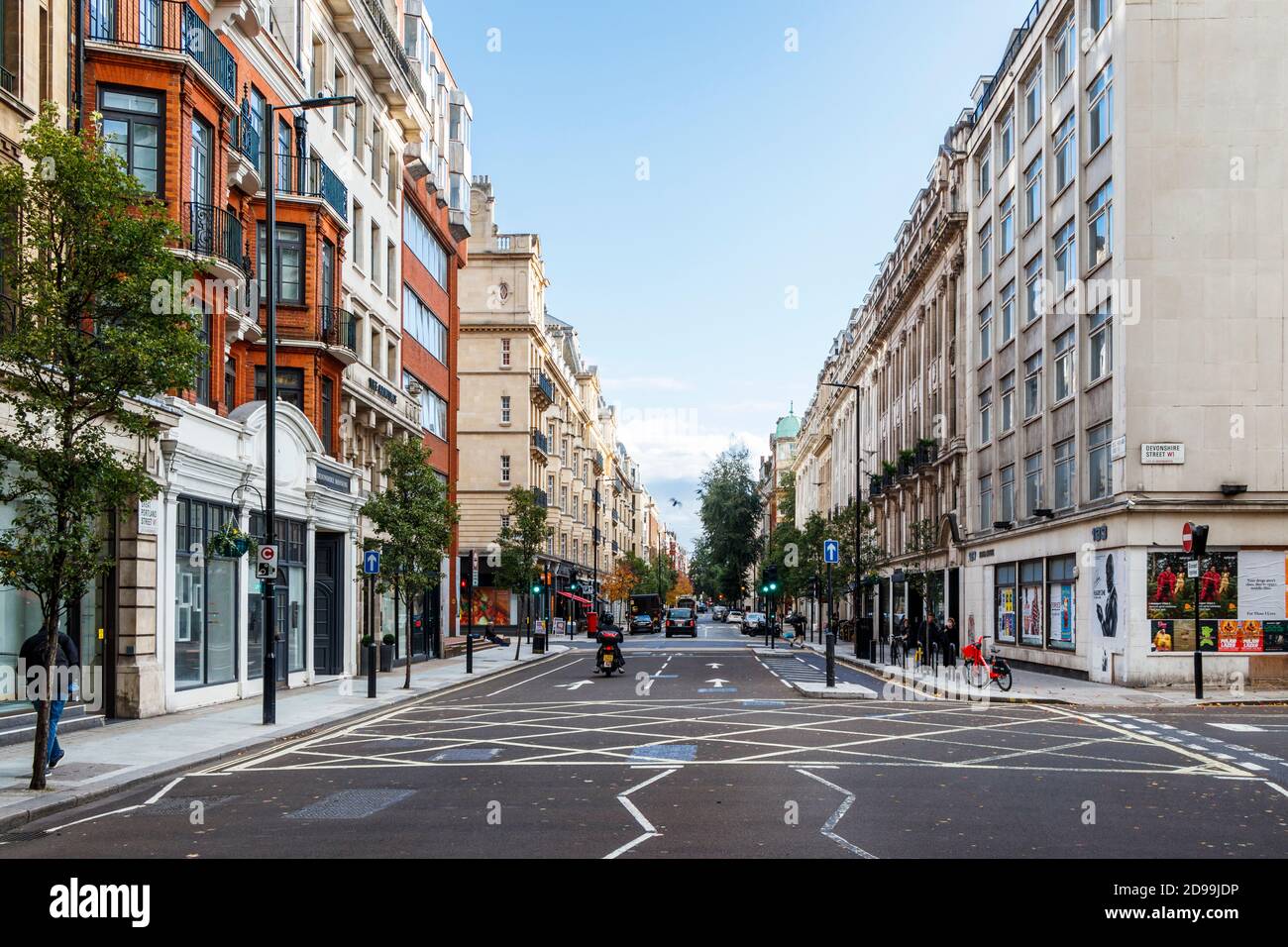 A view along Great Portland Street at the junction with Devonshire Street in Marylebone