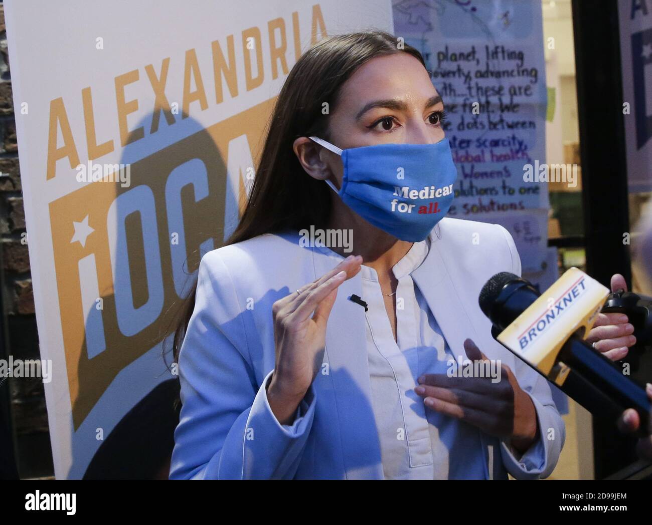 Bronx, United States. 03rd Nov, 2020. Congresswoman Alexandria Ocasio-Cortez speaks to the press after she thanks her campaign team with a rally outside of her Bronx office in New York City on Election Day on November 3, 2020 in New York City. Photo by John Angelillo/UPI Credit: UPI/Alamy Live News Stock Photo