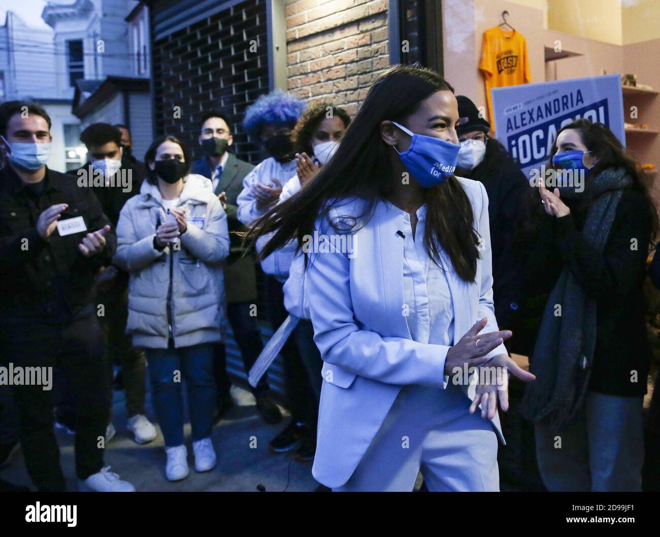 Bronx, United States. 03rd Nov, 2020. Congresswoman Alexandria Ocasio-Cortez thanks her campaign team outside of her Bronx office in New York City on Election Day on November 3, 2020 in New York City. Photo by John Angelillo/UPI Credit: UPI/Alamy Live News Stock Photo
