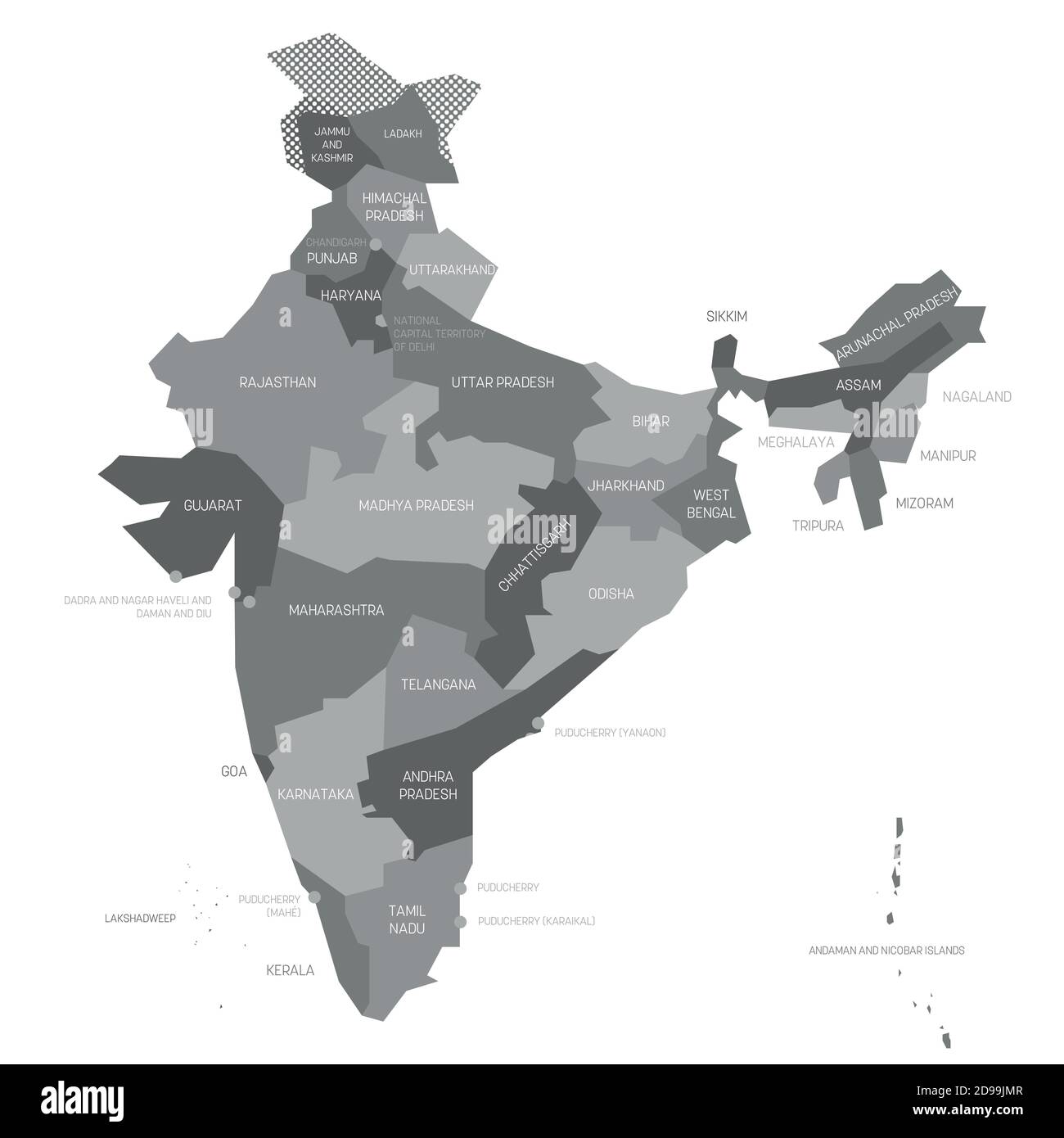 Gray political map of India. Administrative divisions - states and union territories. Simple flat vector map with labels. Stock Vector