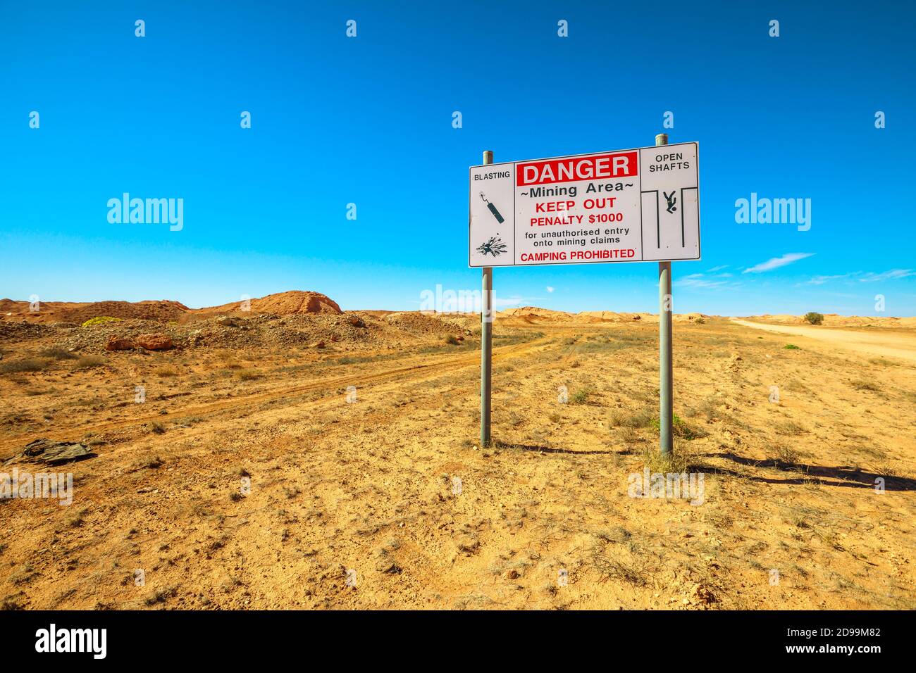 Mining area road sign in Coober Pedy underground town in Australia