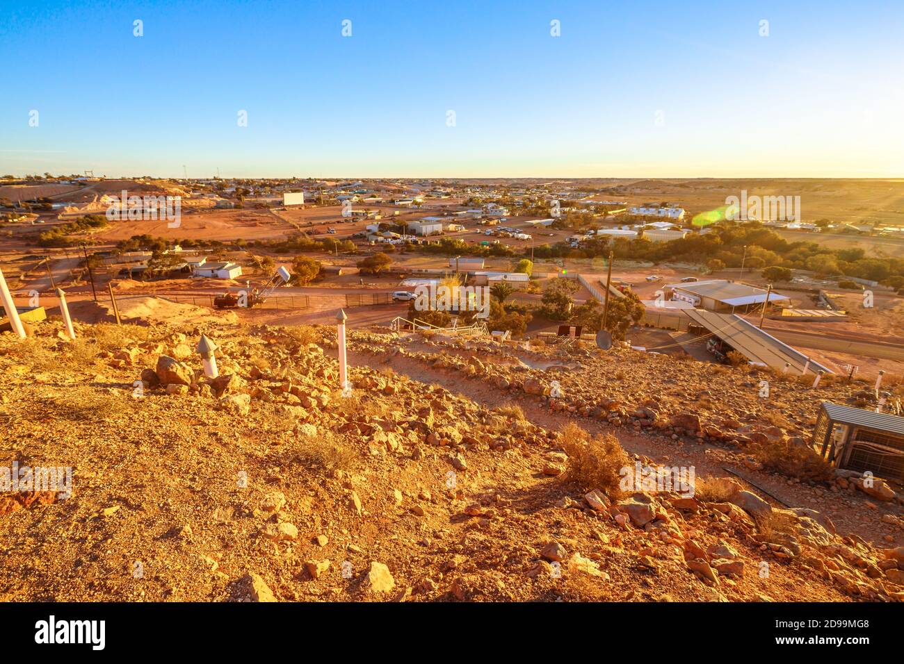 Aerial view of Coober Pedy skyline in Australian outback from lookout