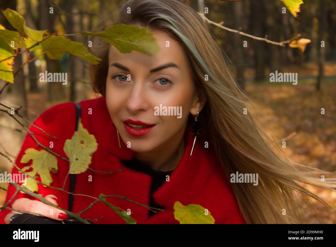 Blonde in autumn Park and autumn leaves.Yellow and red leaves. in a red ...