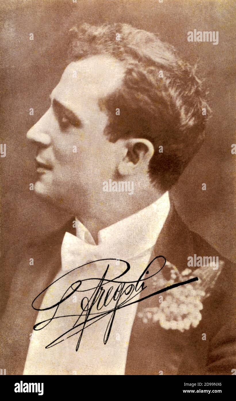 1906 : the most celebrated italian quick-change artist actor  LEOPOLDO  FREGOLI  ( Roma 1867 - Viareggio 1936 ) - ATTORE - TEATRO di VARIETA' - THEATER - COMICO - comic - café chantant - profilo - profile - ritratto - portrait - autografo - autograph - signature - firma  - cravatta papillon - tie - smoking - BELLE EPOQUE ---- Archivio GBB Stock Photo