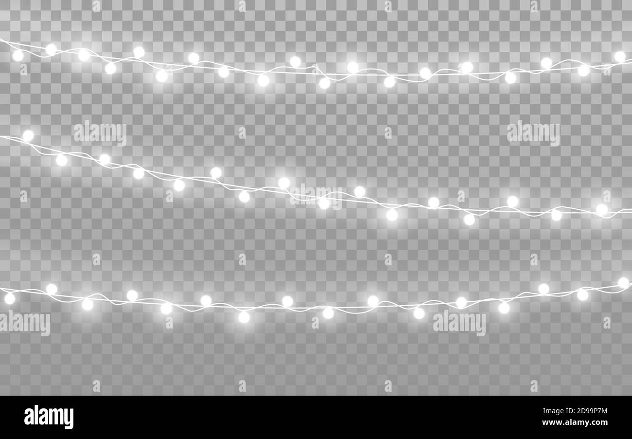 Christmas lights on transparent backdrop. Realistic silver garlands. Luminous light bulbs for greeting card or poster. Bright glowing elements. Vector Stock Vector