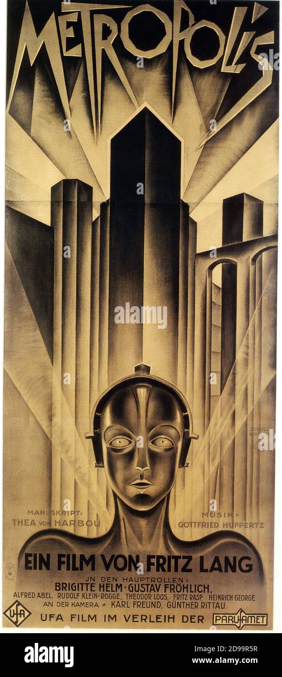 1926 , GERMANY  : original german movie poster for METROPOLIS by Fritz Lang  with the robot Maria - Brigitte Helm  - SILENT MOVIE - CINEMA MUTO - poster cinematografico - ART DECO - futuro - future - fantascienza - science fiction ----  Archivio GBB Stock Photo