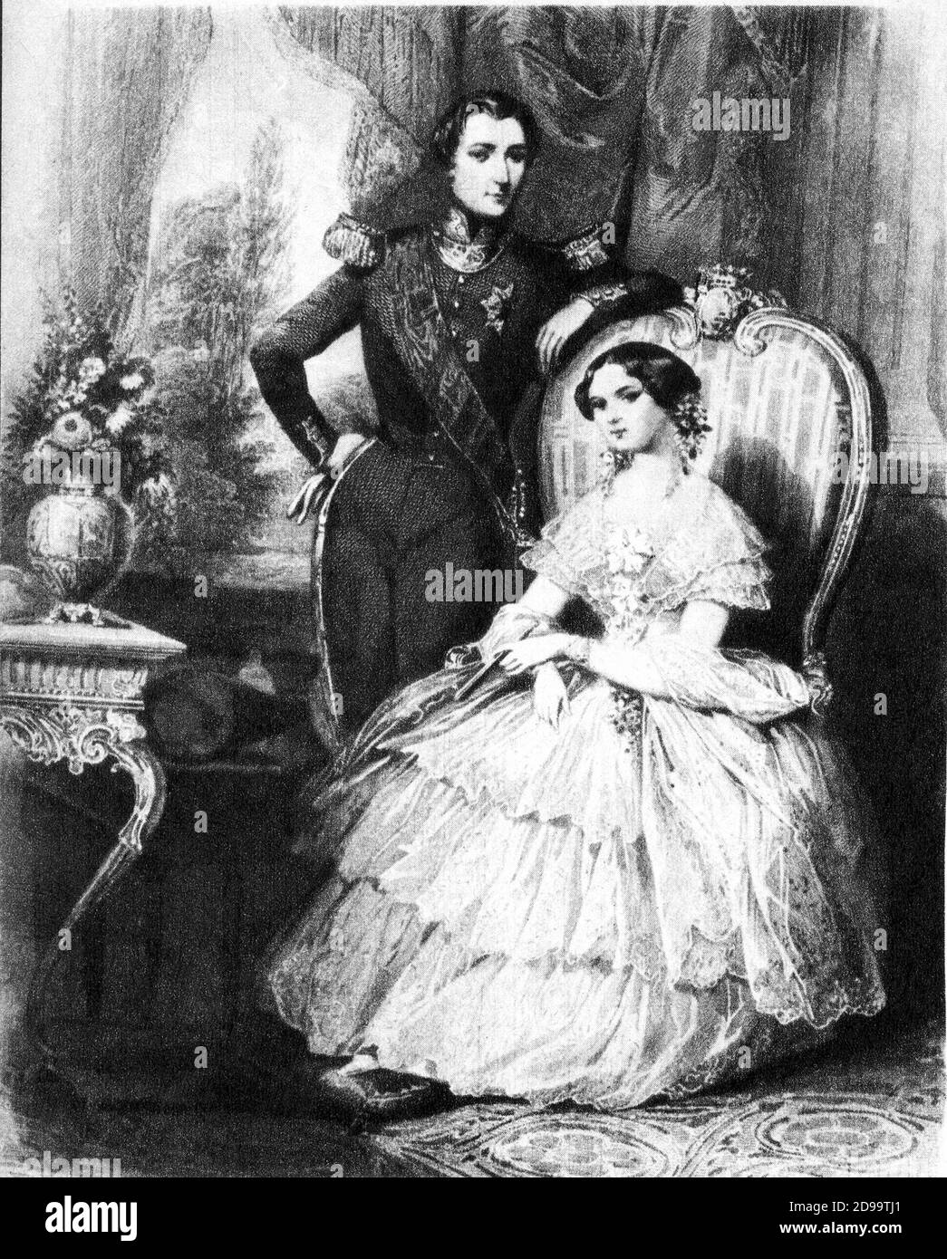 The young  Ducke of Brabant Leopold , future King of Belgium  LEOPOLD  II (  1835 -  1909 ) , with the wife Marie Henriette ABSBURG  Archduckesse of Austria , creator of african State of Congo ( 1884 ) , belgian colony from 1908 - official portrait engraving - BRABANTE - BELGIO - ROYALTY - REALI - Nobili - nobility - nobiltà - divisa militare - military uniform  - chignon - scialle - shawl - pizzo - lace - LEOPOLDO II  - ASBURGO - ASBURG ----  Archivio GBB Stock Photo