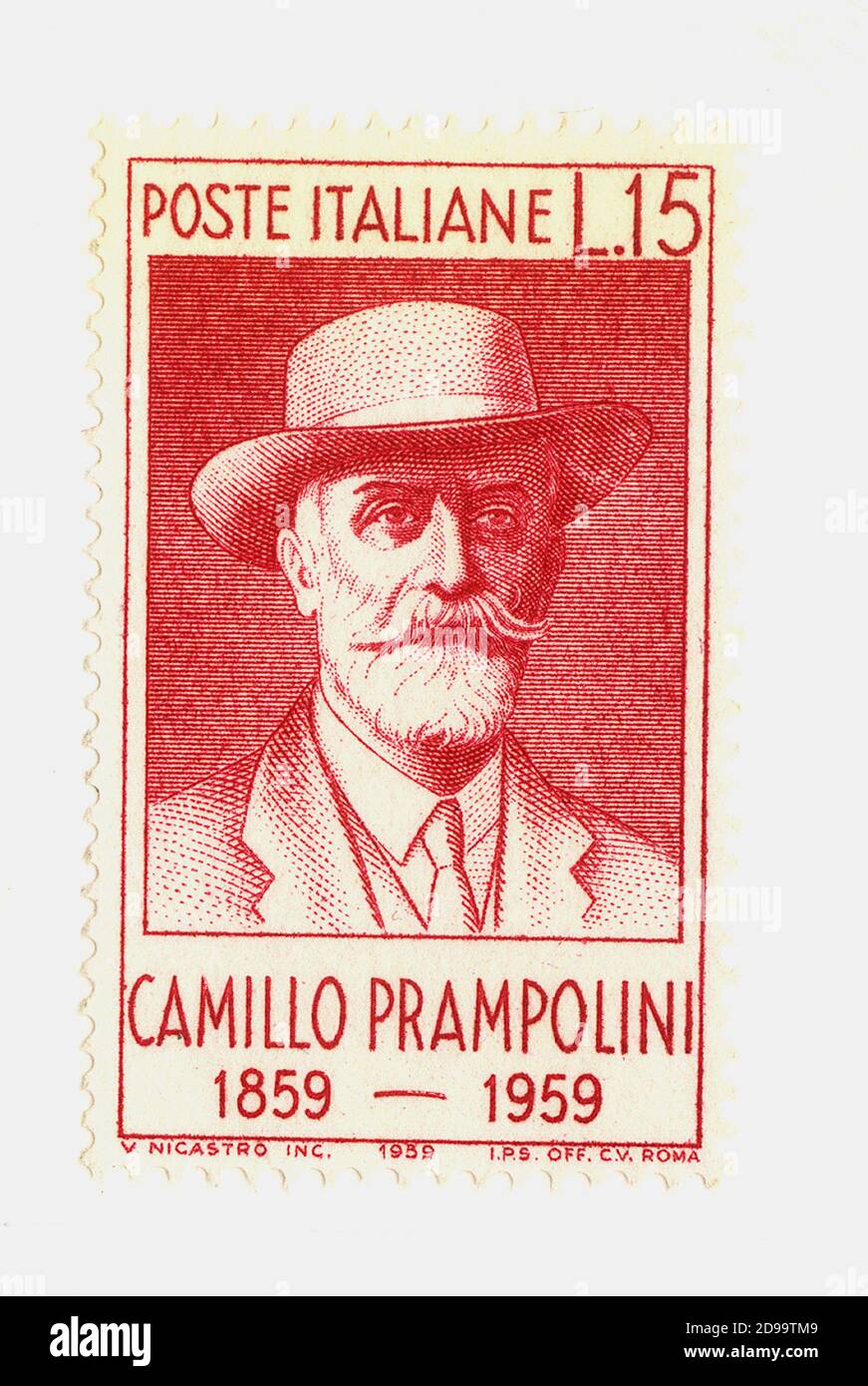 1959 : The italian post timber for the100 th  anniversary of  italian politician  CAMILLO  PRAMPOLINI  ( 1859 - 1930 ) , reform  leader of P. S. I . ( Partito Socialista Italiano ) - SOCIALISMO  EVANGELICO - Deputato al Parlamento - POLITICO - sinistra - francobollo  postale ----  Archivio GBB Stock Photo