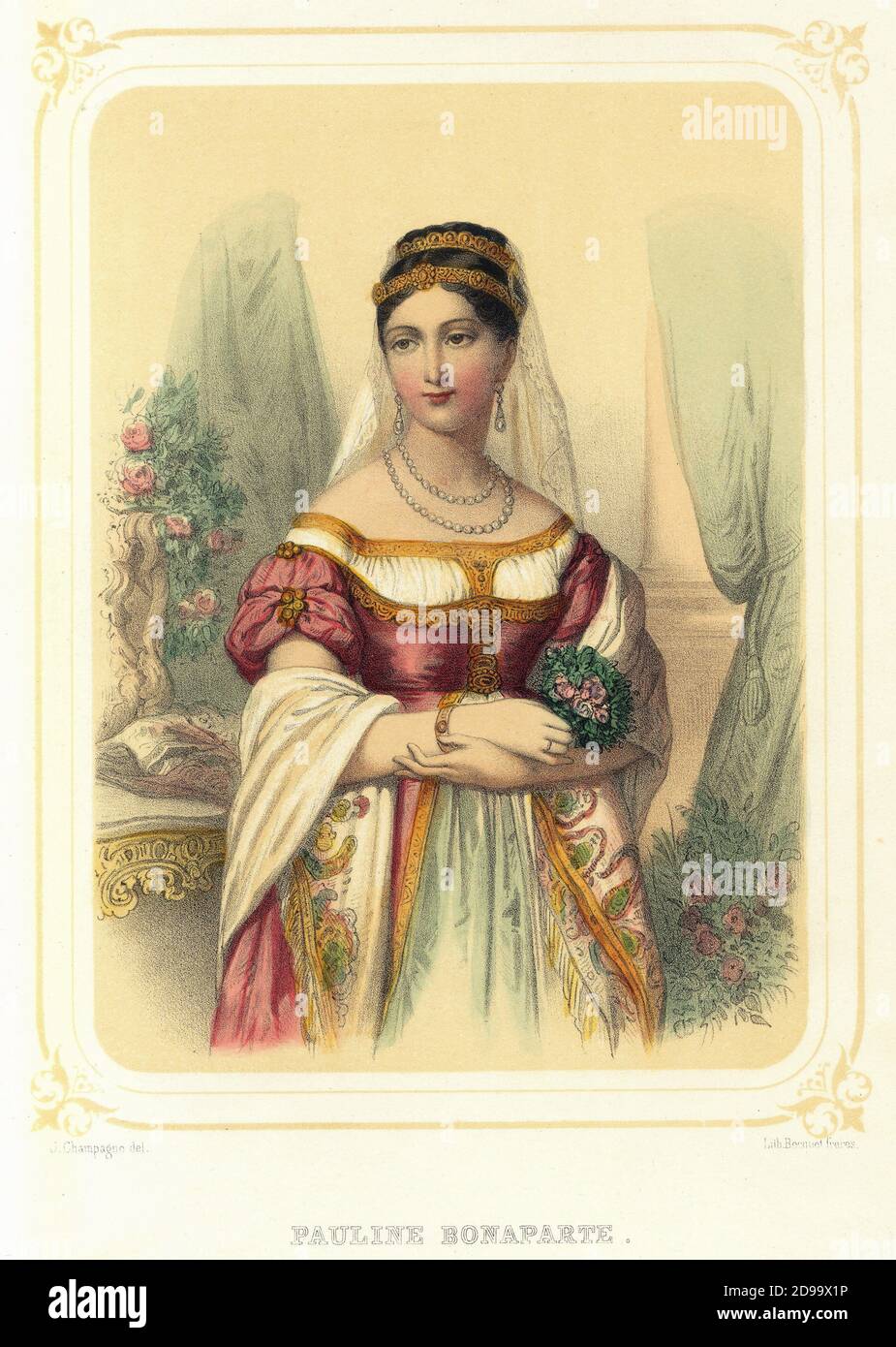 PAULINE BONAPARTE ( Maria Paolina , 1780 - 1825 ) Duchess of Guastalla ,  sister of Imperor Napoleone Bonaparte , married at roman prince Camillo  Borghese in 1803 - portrait by J.