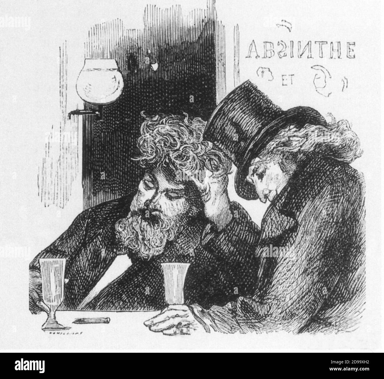 ' Buveurs d' Absinthe ' , by anonimous french artist of the 1870 's -   ABSINTHE - ASSENZIO - stupefacenti - droga - droghe - drug - drugs - allucinogeno - BOTANICA - BOTANY - tossicodipendente - assuefazione - alcolizzato - alcolismo - alcooholic - alcoholism - top hat - cappello a cilindro - BELLE EPOQUE - caffé - bar  ----  Archivio GBB Stock Photo