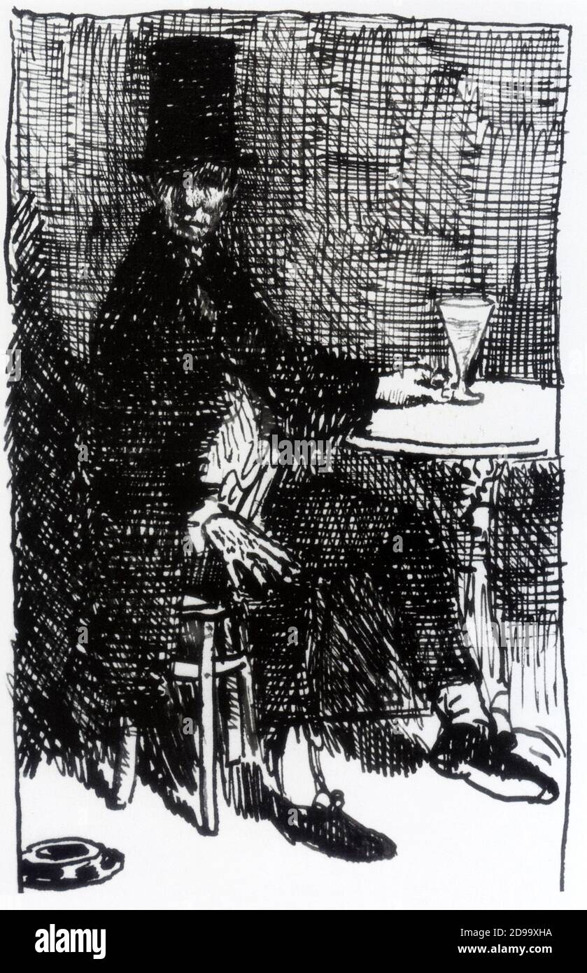 ' The Absinthe Drinker ' , circa 1910 , by Sir William ORPEN , an Irish artist -  ABSINTHE - ASSENZIO - stupefacenti - droga - droghe - drug - drugs - allucinogeno - BOTANICA - BOTANY - tossicodipendente - assuefazione - alcolizzato - alcolismo - alcooholic - alcoholism  - top hat - cappello a cilindro - bar - caffé ----  Archivio GBB Stock Photo