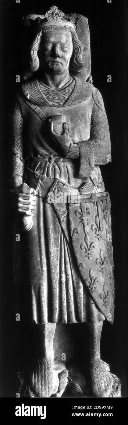 The King of Neaple CARLO II d' Angiò ' Lo zoppo ', father of Carlo Martello , portrait on tomb-stone , late XIV century , Church Abbey of Saint Denis, France - Napoli - pietra tombale - tomba - pietra - scultura - sculpture - RE angioiono - Angioini - Charles The hammer - - Carolus - ANGIER - ANGIERS - scudo - armatura - armure - shield - corona - crown - nobile - nobili - royalty - nobility  ----  Archivio GBB Stock Photo