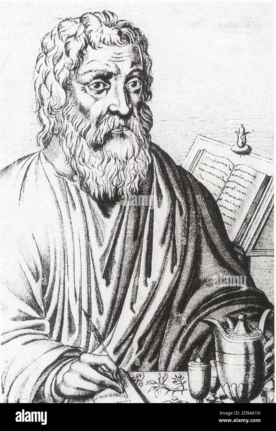 The grecian doctor HIPPOCRATES ( ca 460 - ca. 370 a.C ) , founder of modern scientific medicine ,  recomended the Arthemisia absinthium for jaundice and rheumatism - ASSENZIO - ABSINTHE - IPPOCRATE - MEDICINA - SCIENZA - SCIENCE - portrait - ritratto  - barba - beard - uomo anziano vecchio - older man - white hair - capelli bianchi ----  Archivio GBB Stock Photo