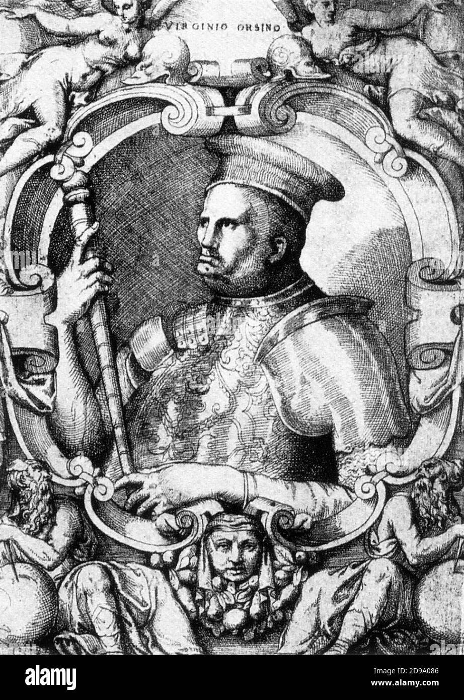 Portrai of the prince GENTIL VIRGINIO  ORSINI  by F. Sansovino ( from ' L'Historia di Casa Orsini ' , Venezia , 1565 ) - NOBILI - nobiltà - nobility - engraving - ritratto incisione - principe - prince - principi - armatura - armour - baton - scettro - capitano - captain - foto storiche - history photos  - RINASCIMENTO - RENAISSANCE ----  Archivio GBB Stock Photo