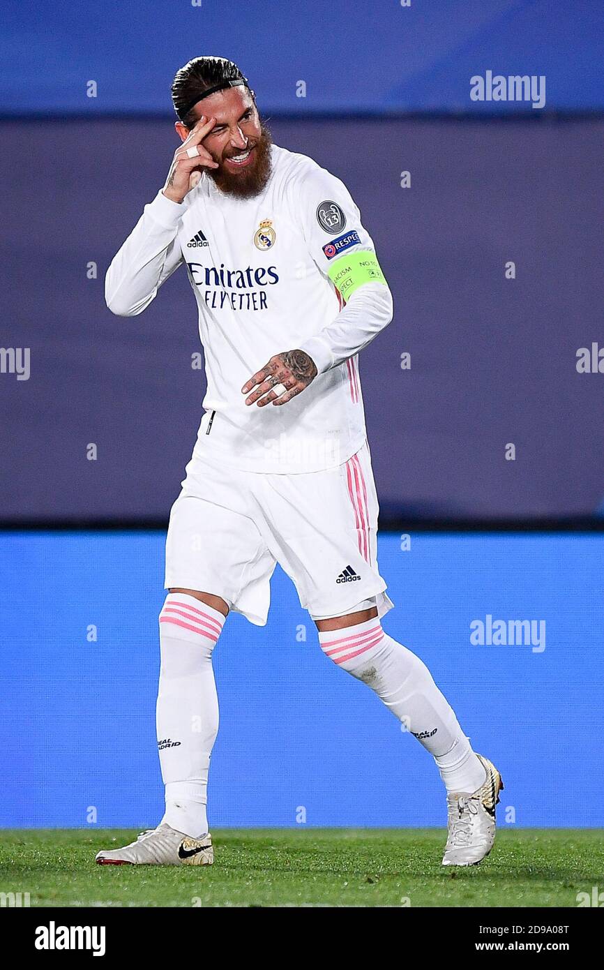 Madrid, Spain. 03rd Nov, 2020. MADRID, SPAIN - November 03, 2020: Sergio Ramos of Real Madrid CF celebrates after scoring his 100th goal for Real Madrid CF during the Champions League Group B football match between Real Madrid CF and FC Internazionale. Real Madrid CF won 3-2 over FC Internazionale. (Photo by Nicolò Campo/Sipa USA) Credit: Sipa USA/Alamy Live News Stock Photo