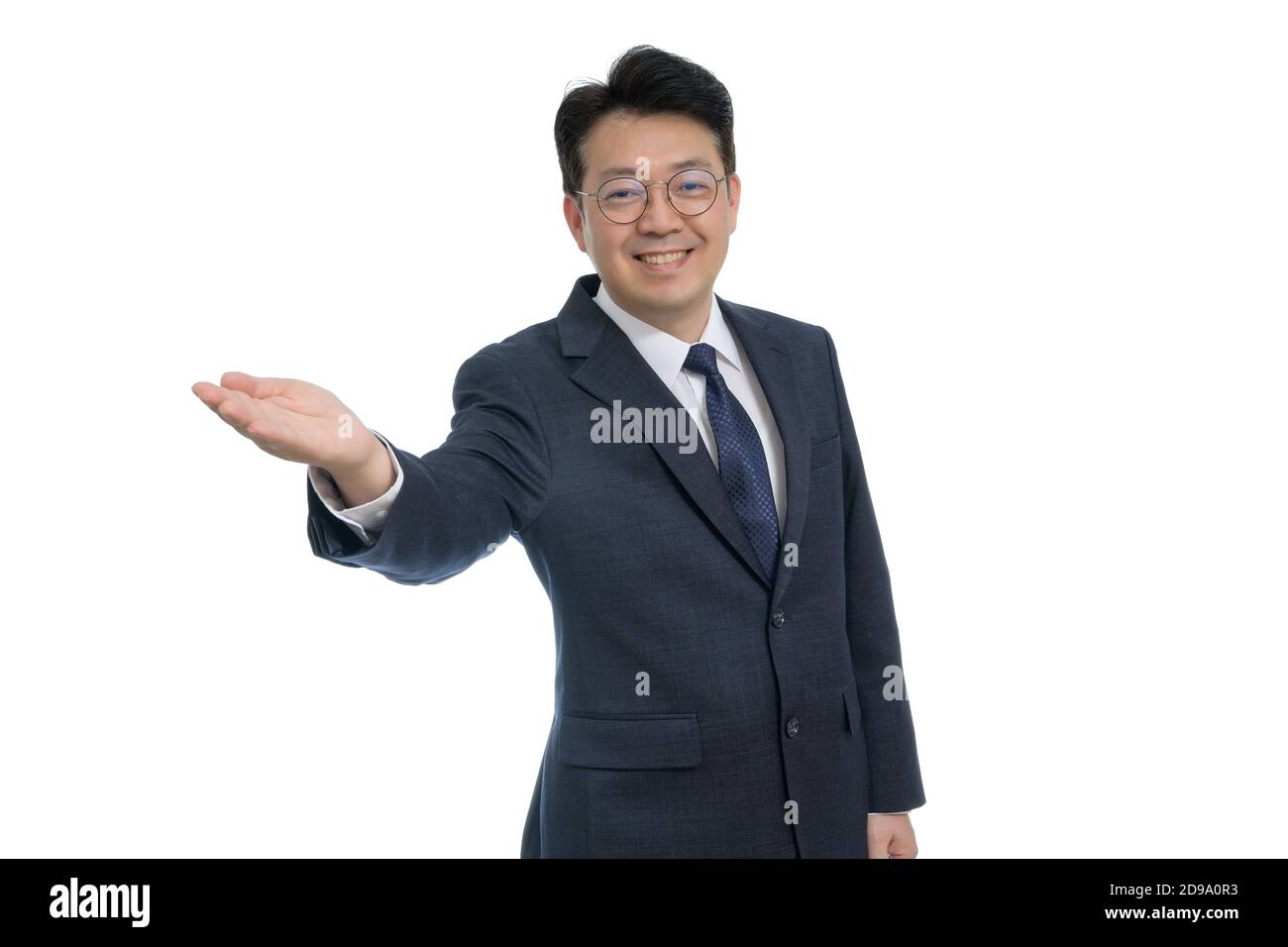 White background and gestures of an Asian middle-aged businessman. Stock Photo
