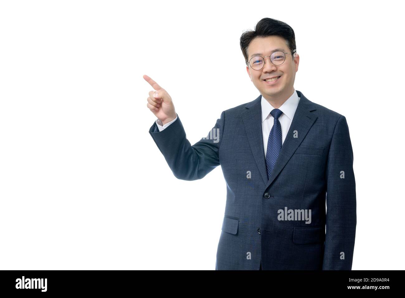 White background and gestures of an Asian middle-aged businessman. Stock Photo