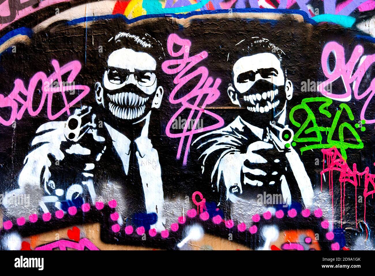 London, UK. 3rd Nov, 2020. Graffiti of The Kray twins holding guns