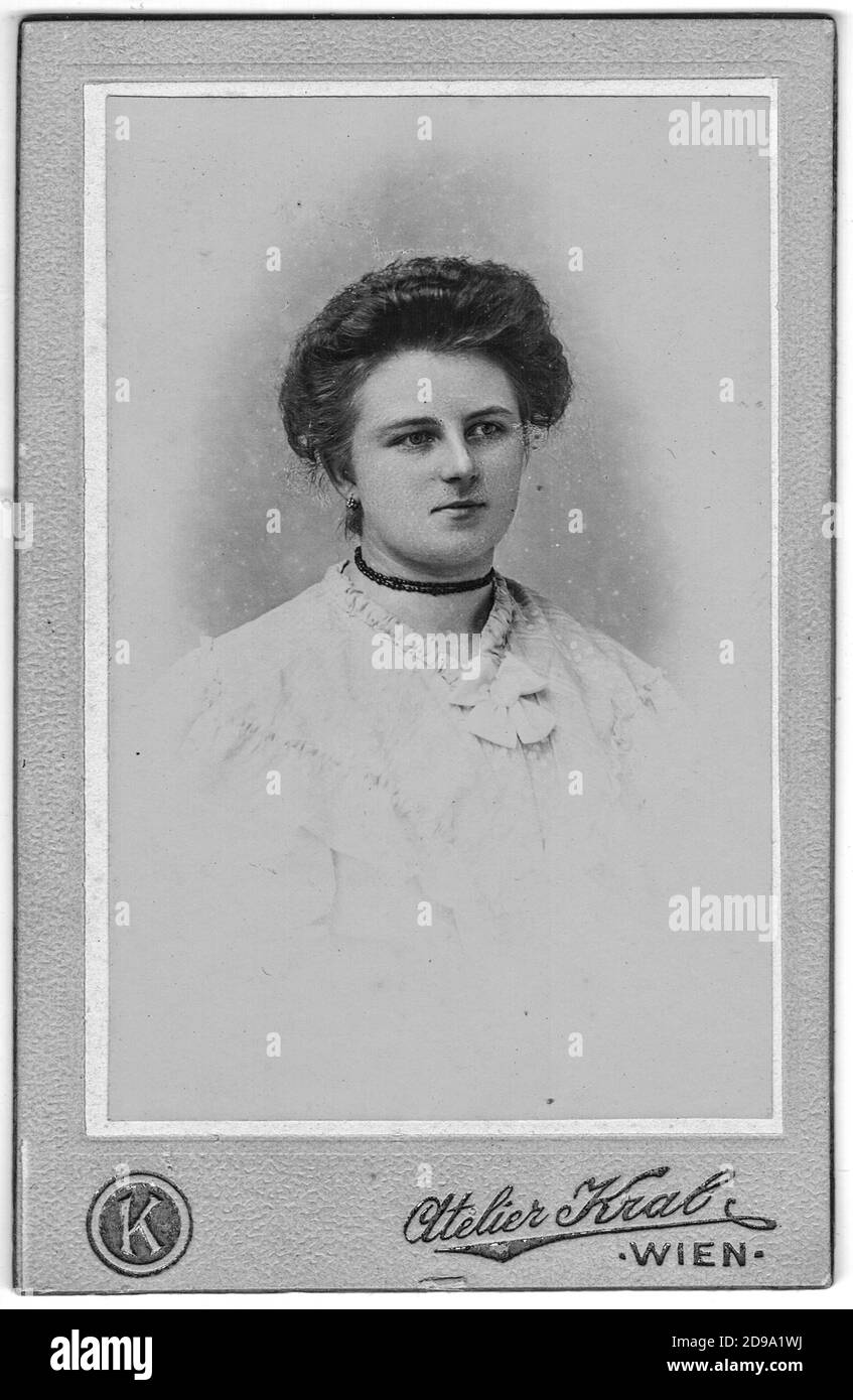 Vintage photo shows portrait mature woman. Edwardian hairstyle and fashion. Photo was taken in Austro-Hungarian Empire or also Austro-Hungarian Stock Photo