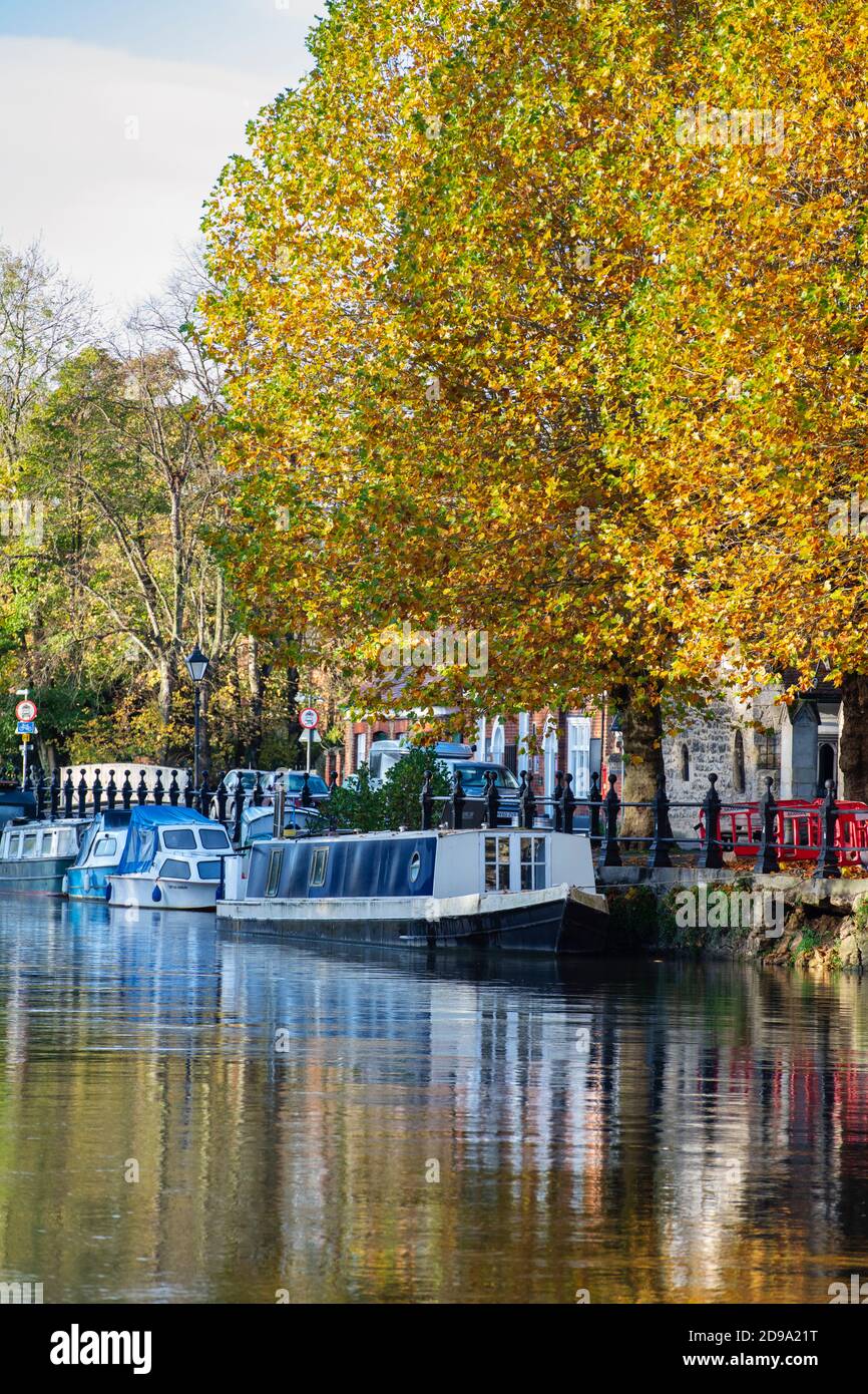 Narrowboat on the river thames at St Helens Wharf at sunrise in the autumn. Abingdon on Thames, Oxfordshire, England Stock Photo