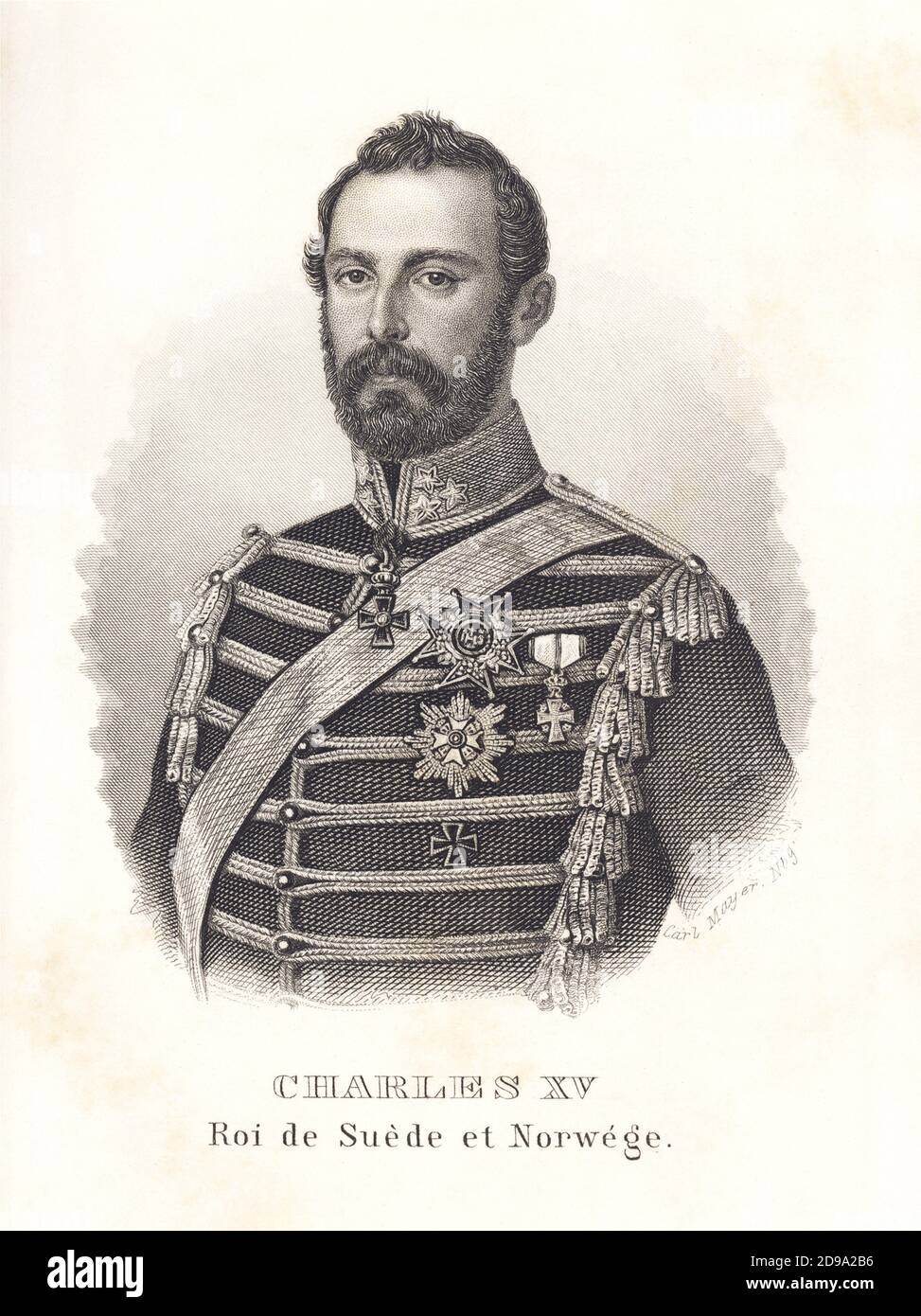 1861 : The  King of Sweden and Norway Charles XV of Sweden and IV of Norway ( CARL , 1826 - 1872 ). Engraved portrait from ALMANACH DE GOTHA , 1861. Charles married in   holm on 19 june 1850 the Princess Louise of Netherland Mecklenburg-Strelitz ( 1828 - 1871 ), niece of William II of the Netherlands through her father and niece of William I of Prussia, German Emperor, through her mother. Charles was the son of King Oscar I of Sweden and Norway and Queen Josefina of Sweden and Norway (née Princess Josephine of Leuchtenberg). The marriage was arranged to provide the new Bernadotte dynasty . The Stock Photo