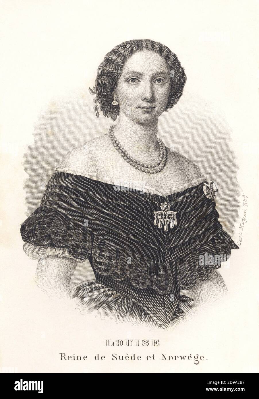 1861 : The  Queen of Sweden and Norway LOUISE ( Louise of the Netherlands , 1828 - 1871 ), spouse of King Charles XV of Sweden and IV of Norway. Engraved portrait from ALMANACH DE GOTHA , 1861. Her father was Prince Frederik of the Netherlands, the second child of King Willem I of the Netherlands and Wilhelmina of Prussia. Her mother was Princess Louise of the Netherlands (née Princess Louise of Prussia), the eighth child of King Friederich Wilhelm III of Prussia and Luise of Mecklenburg-Strelitz . Princess Louise married in 19 June 1850 Crown Prince Carl of Sweden and Norway, the son of King Stock Photo
